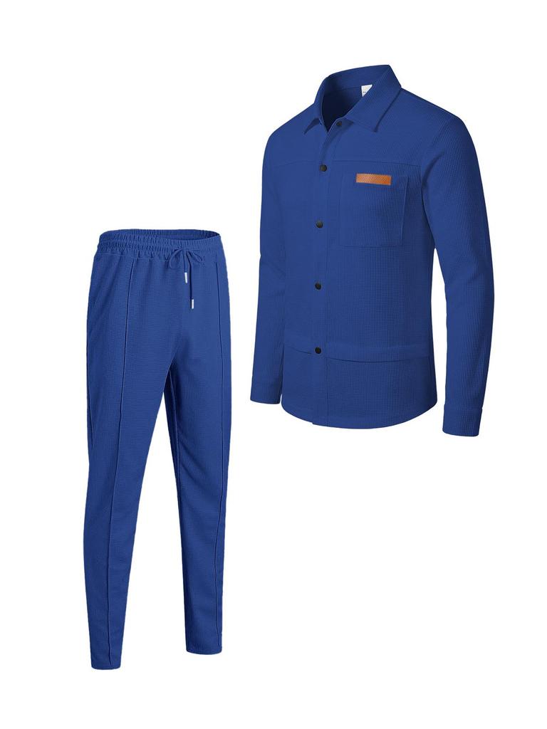 Men's Casual Waffle Knit Set: Solid Color Cardigan Jacket and Long Pants