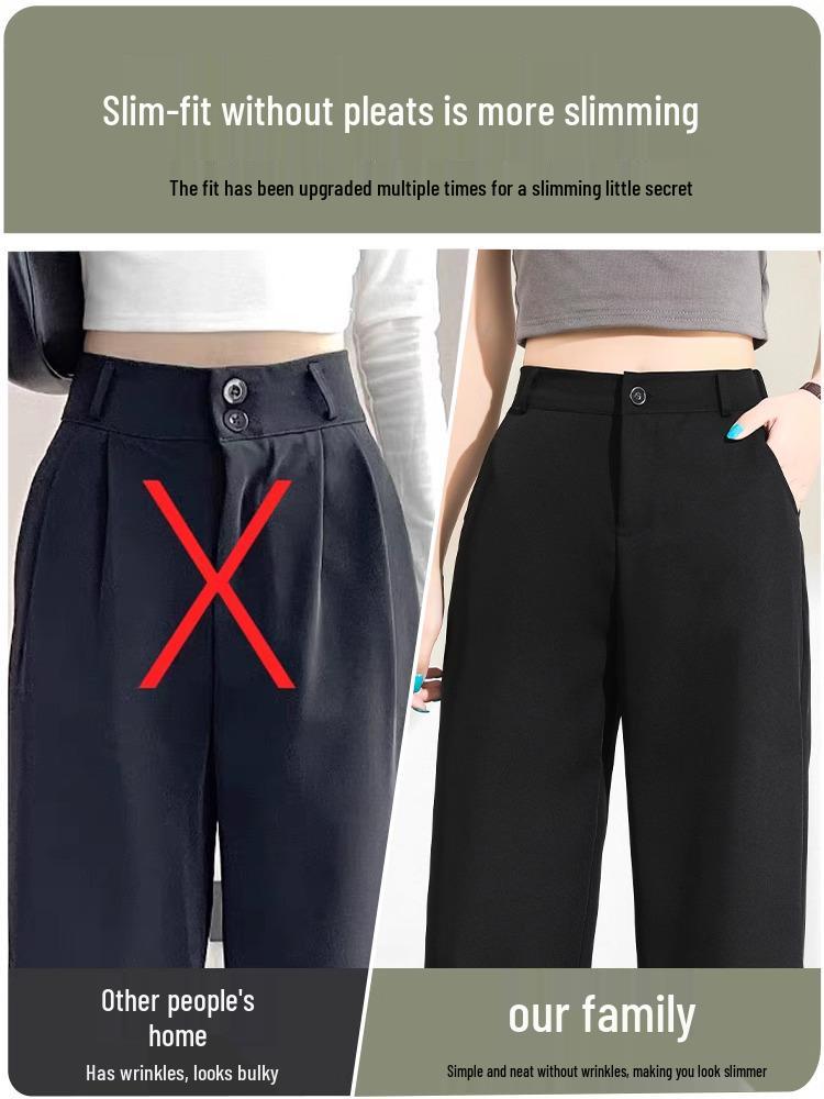 Ice Silk Black Wide-Leg High-Waist Women's Spring/Summer Pants - Slim, Loose, Casual Straight Trousers.