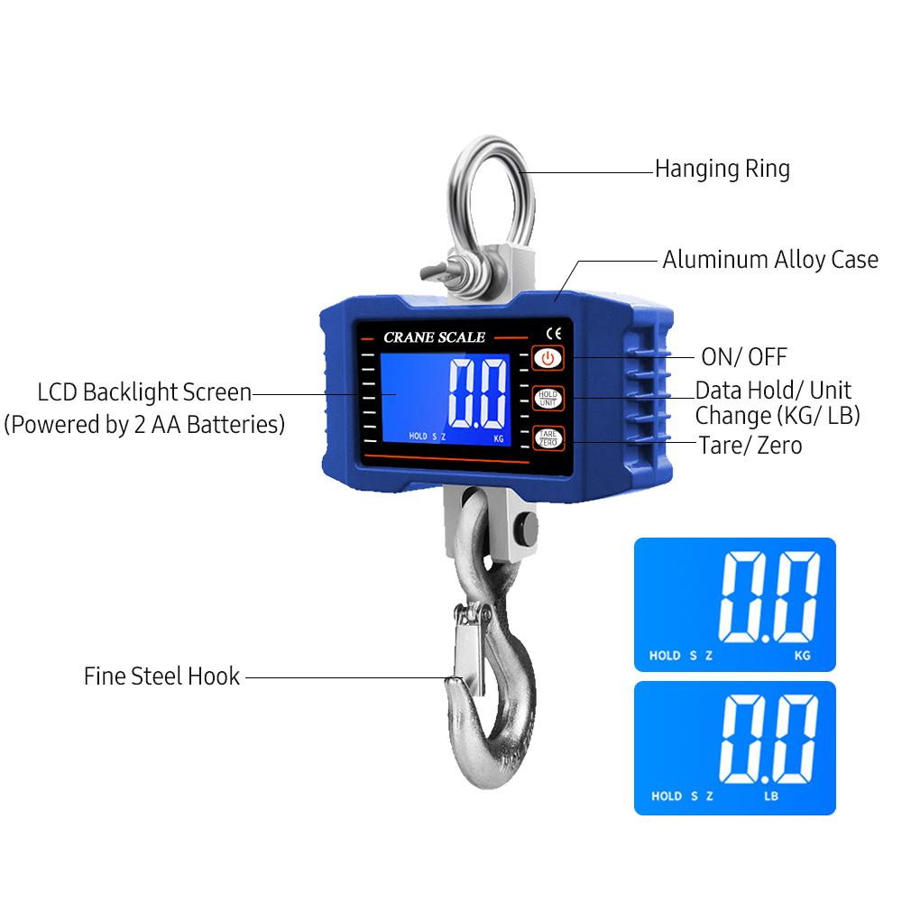 Digital Hanging Scale with Remote Control 1000kg/ 2204lbs Portable Hvy Duty Crane Scale LCD Backlight Industrial Hook Scales Unit Change/ Data Hold/ T