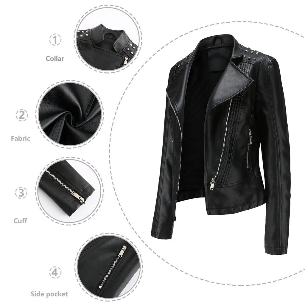 European Women's Beaded Leather Motorcycle Jacket - Long Sleeve, Lapel, Thin Fashion for Spring and Autumn 2023