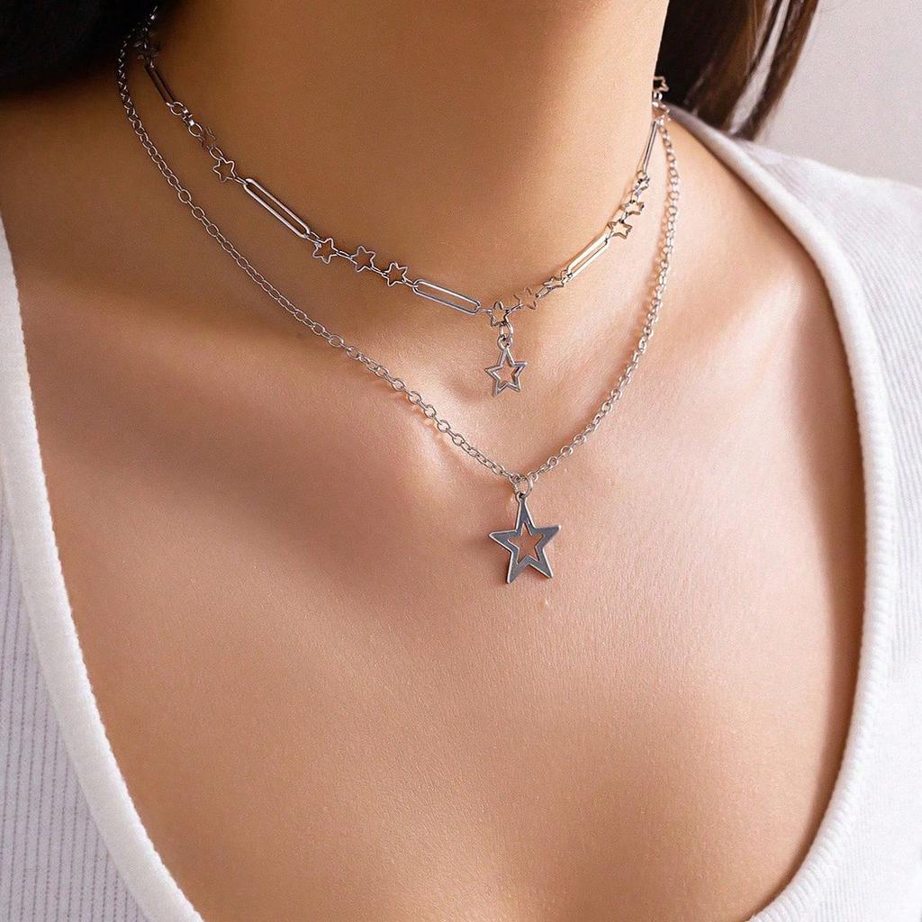 2 pièces Pendentif Étoile Pentagramme Argenté Multi-Couches Collier Chaîne Fait Main Adapté au Port Quotidien des Femmes