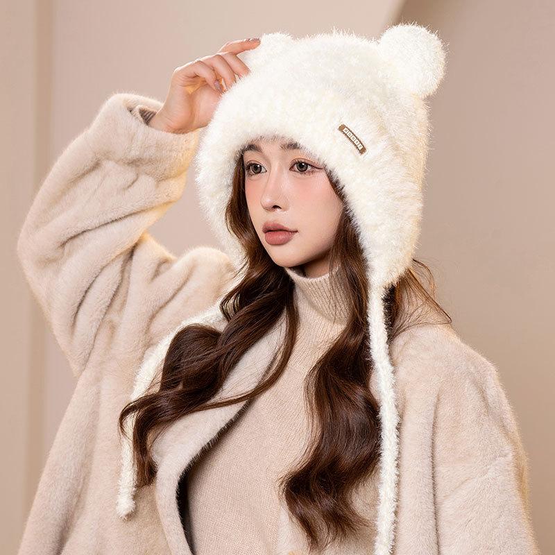 Cute bear fleece warm knitted ear hat women winter thickened cycling skiing plush pullover tide