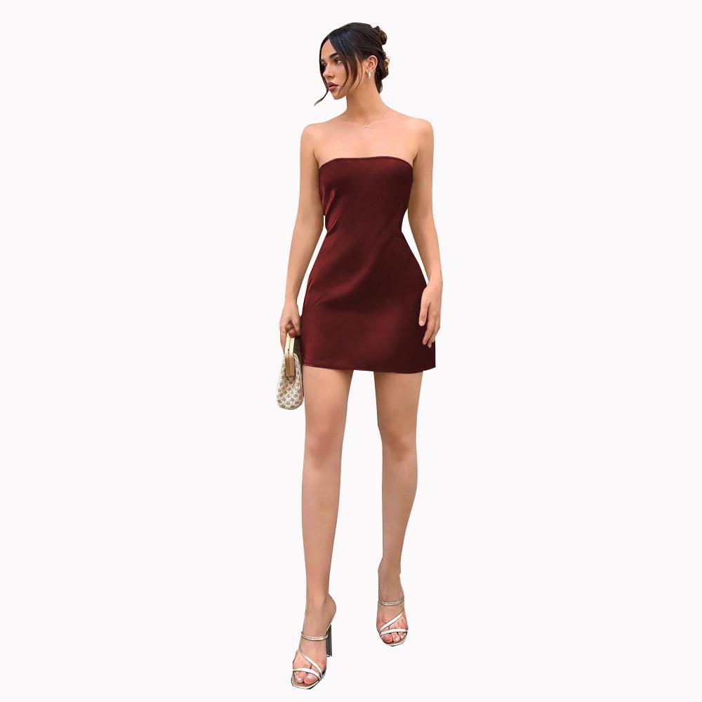 European American Women's Sexy Backless Satin Strapless Dress - Hip-Revealing Short Skirt for Parties and Casual Gatherings