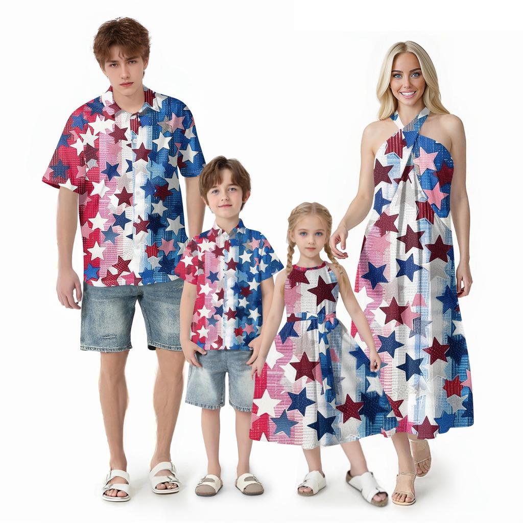Family Matching Summer Outfits, Independence Day Prints Women Beach Dress, Girls Sundress, Men And Boys Button Down Shirt
