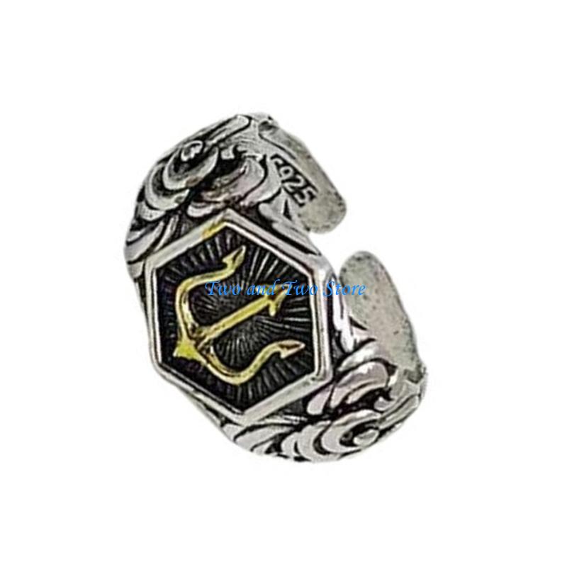 HX6F Poseidon Adjustable Rings Masculine Tridents Designs Alloy Gift For Him