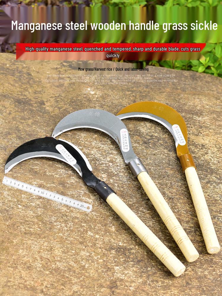 Large Outdoor Manganese Steel Weed Scythe - Long Handle Sickle for Grass Cutting and Corn Harvesting
