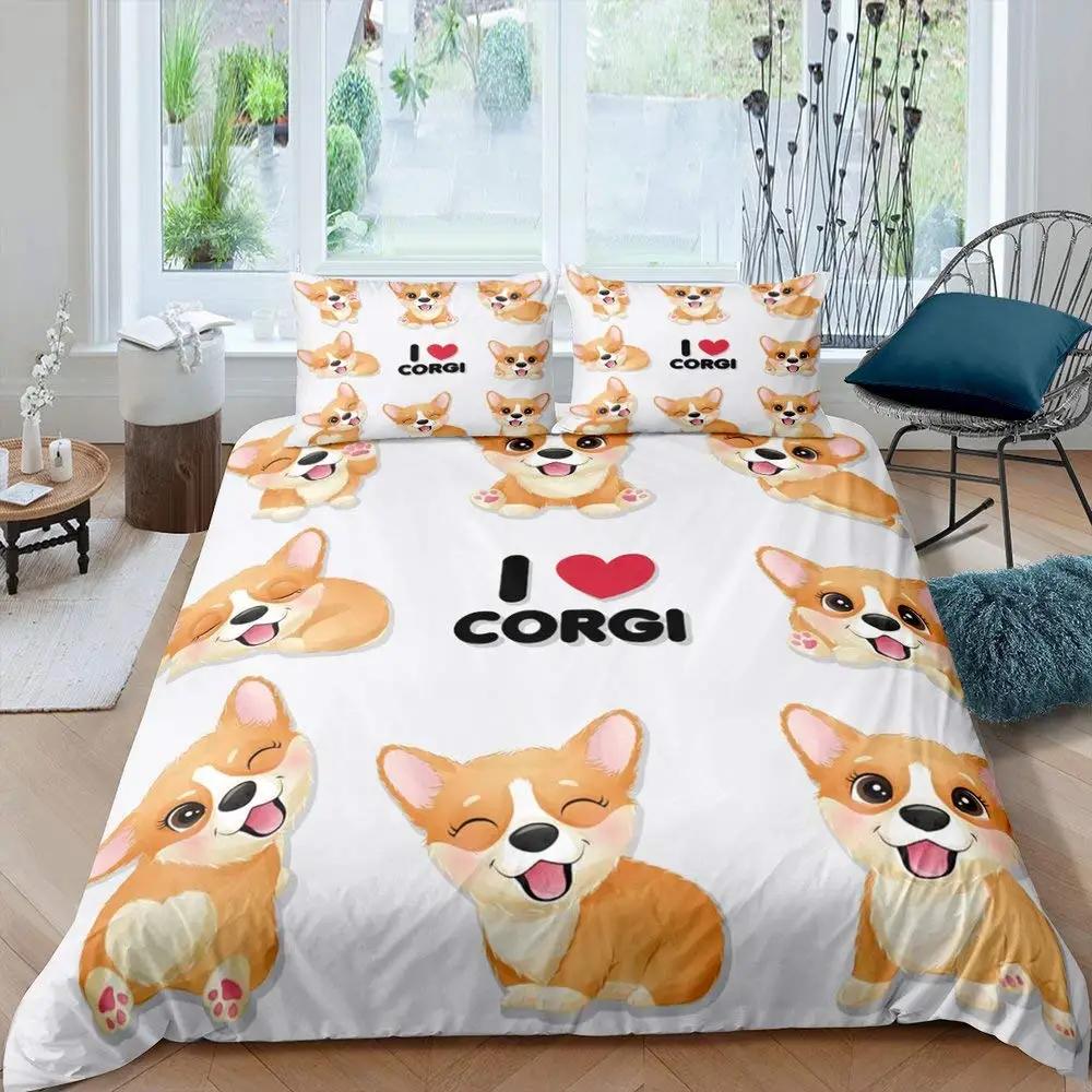 Hunde Bettbezug Haustier Welpe Cartoon Welsh Corgi für Kinder Jugendliche Tier Polyester Steppdeckenbezug Hundeliebhaber Geschenke für Freundin Queen King
