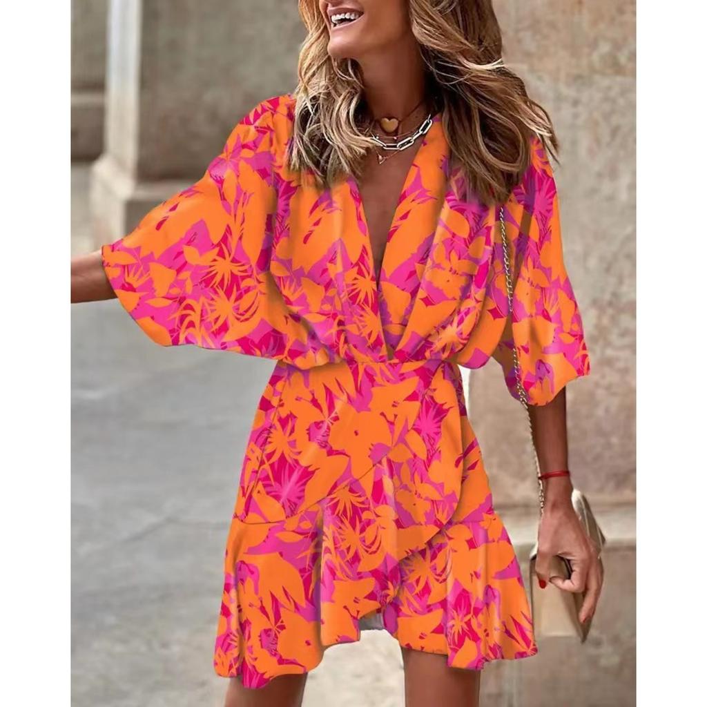 Women's V Neck Short Sleeve Midi Dress Loose Fit Casual Irregular Hem Gown