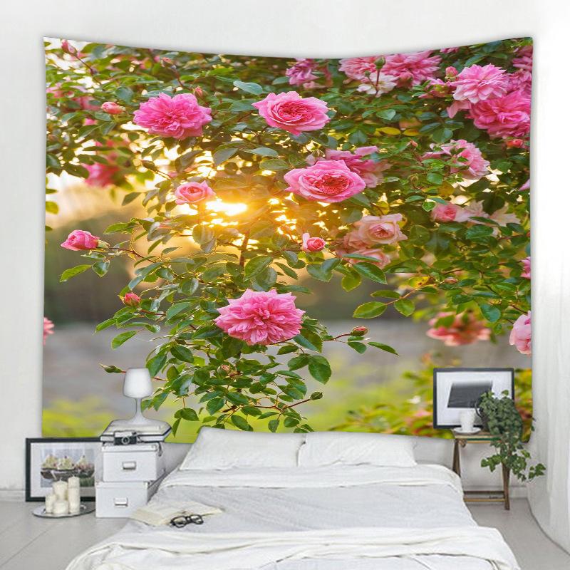 Lentebloemen Houten Hek Tapijt Natuur Roze Roos Planten Bloemenmuur Hangend Tuinraam Natuurlijk Landschap Doek Woondecoratie