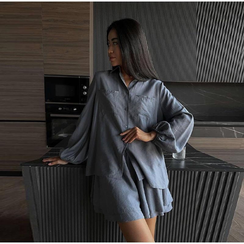 

Летние женские топы с длинным рукавом и шорты с оборками, повседневные модные костюмы 2024 XL серый