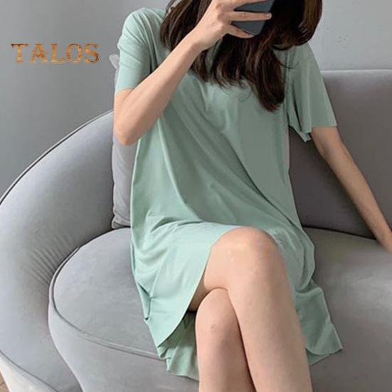 Damen Sommerkleid Rundhalsausschnitt Locker Einfarbig Kurze Ärmel Eisseide Freizeitkleidung Homewear Pyjama Knielanges Nachthemd