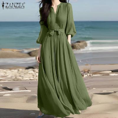 Womens Casual V-Neck 3/4 Sleeve Loose Pleated Long Dress
