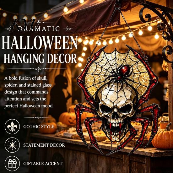 Retro Dark Aesthetic Room Decor Vintage Gothic Spider Sun Catcher, Stained Glass Style Shaped Suncatcher, Acrylic Skull Wall Pendant Spooky