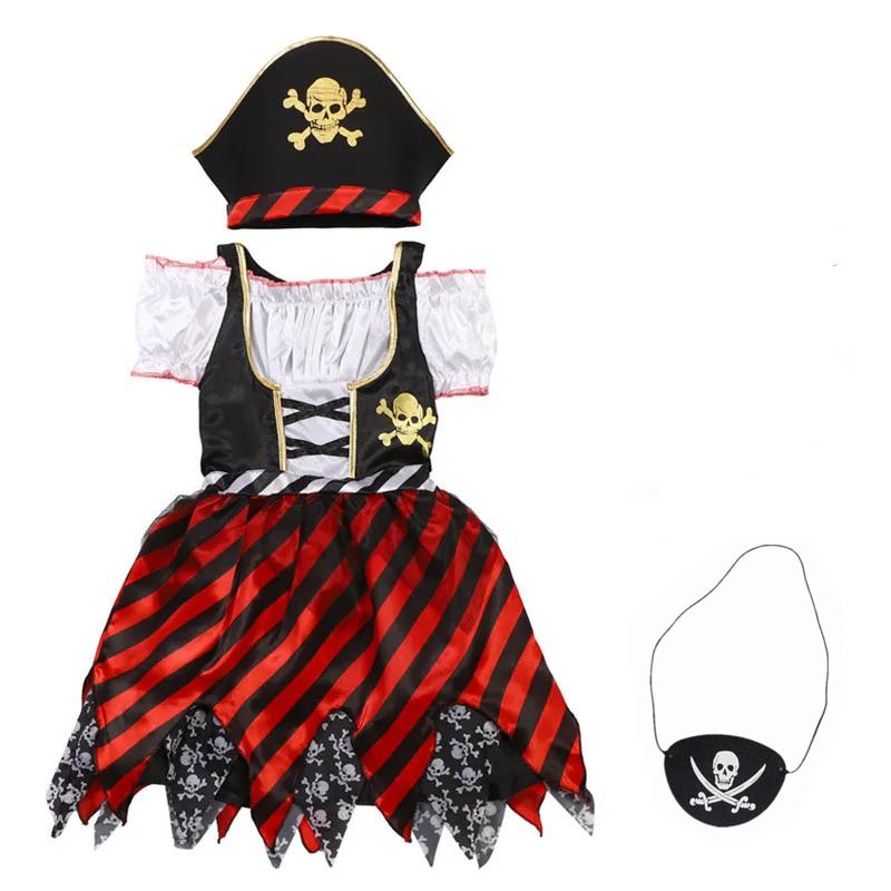 Meisjes Piratenkostuum Set Caribisch Thema Jurk met Schedeldruk Halloween Feest Cosplay Outfit Bevat Speelgoed Cadeau Carnaval 3-12J 110