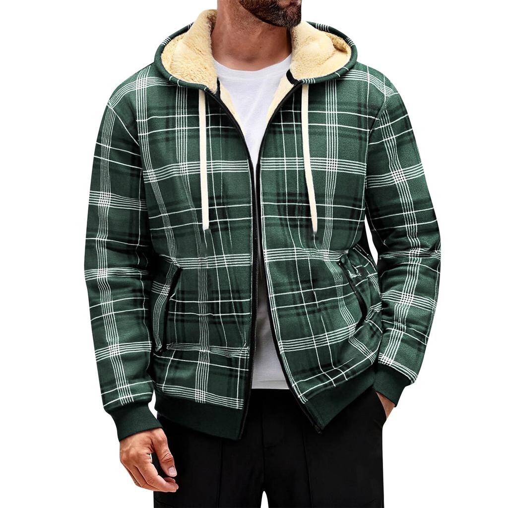 Men's Hooded Zippered Fleece-Lined Thick Plaid Casual Sports Jacket