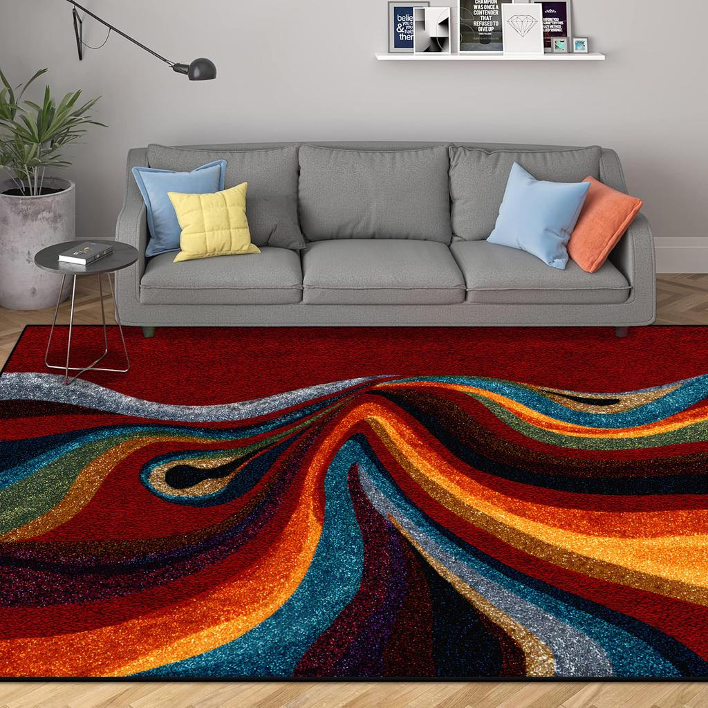 Abstract Modern Geometric Area Rugs Bedroom Living Room Non-slip Floor Mat with Vortex Red Orange Dining Room Carpet Washable