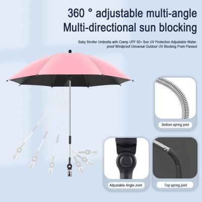 Baby Stroller Umbrella with Clamp UPF 50+ Sun UV Protection Adjustable Waterproof Windproof Universal Outdoor UV Blocking Pram Parasol