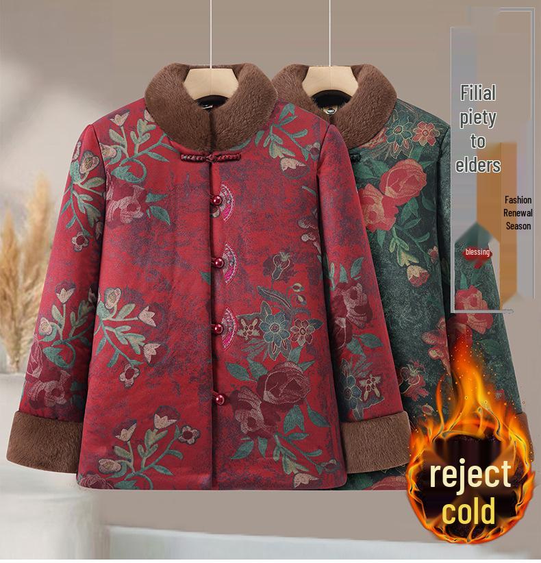 Stylish Fleece-Lined Cotton Jacket for Middle-aged and Elderly Women