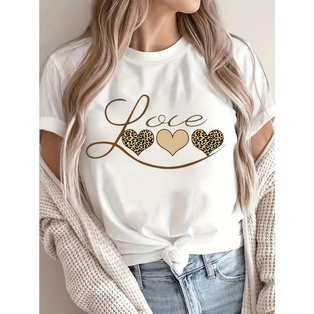 Women Chic Leopard Print Love Heart Graphic Round Neck with Golden Accents Wear Leopard Print