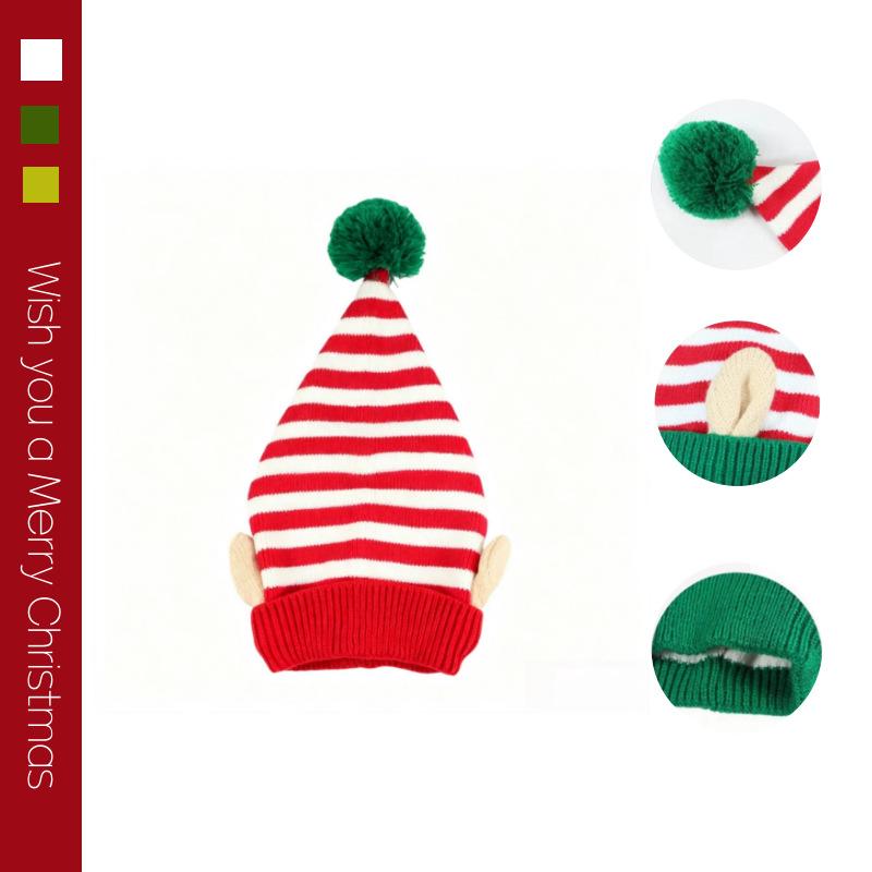 Knitted Christmas Elf Hat with Ears Soft Pom Pom Warm Windproof for Winter Outdoor Xmas Cosplay Party Activities