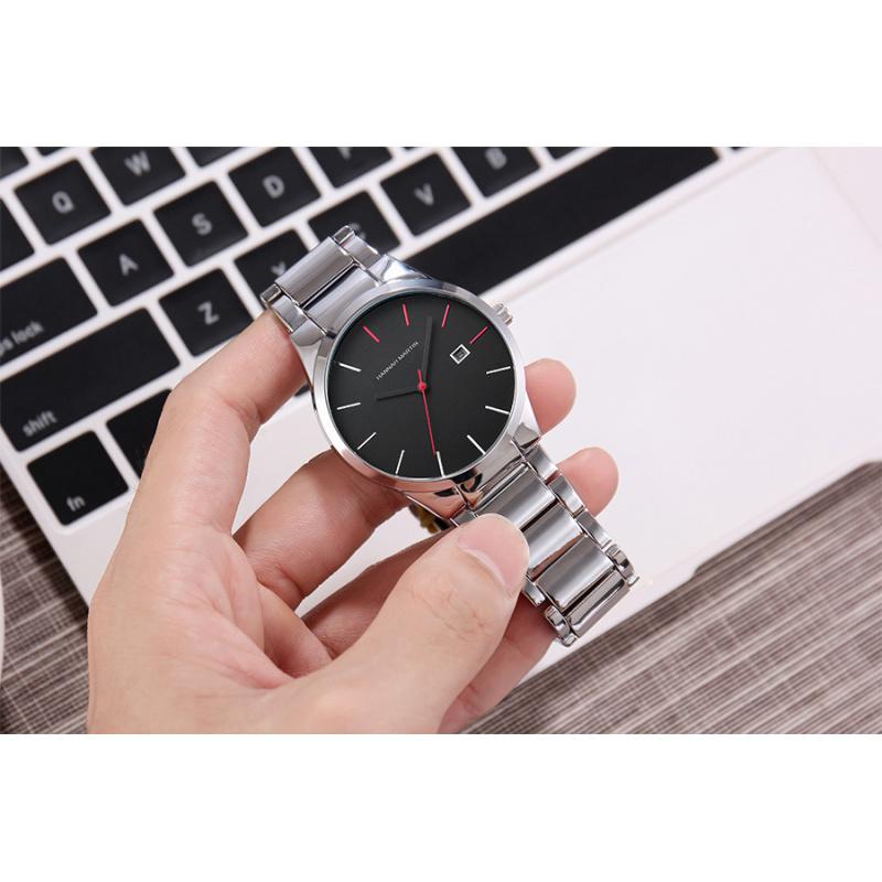 HannahMartin Men's Waterproof Watch fashion Silver Stainless Steel Belt Quartz Watch Large Dial