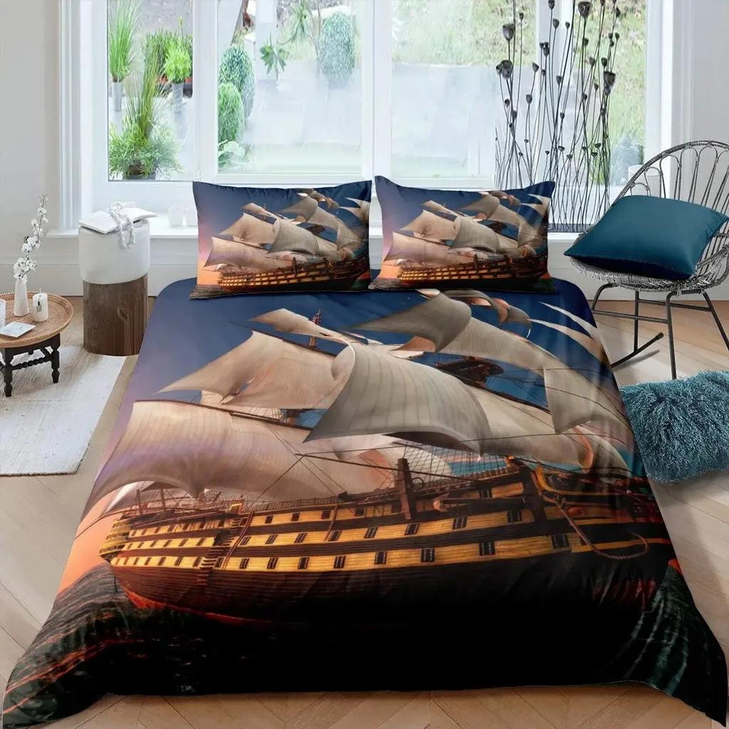Segelboot Bettbezug Set Maritimes Bettwäsche Set Segelschiff Bettbezug Holzboot Piratenyacht Abenteuer Thema Quiltbezug