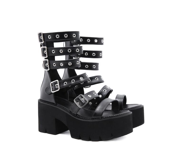 Fashion Gothic Punk Platform Chunky - Heel Sandals | Multi - Strap Buckle Metal - Rivet Edgy Party Footwear
