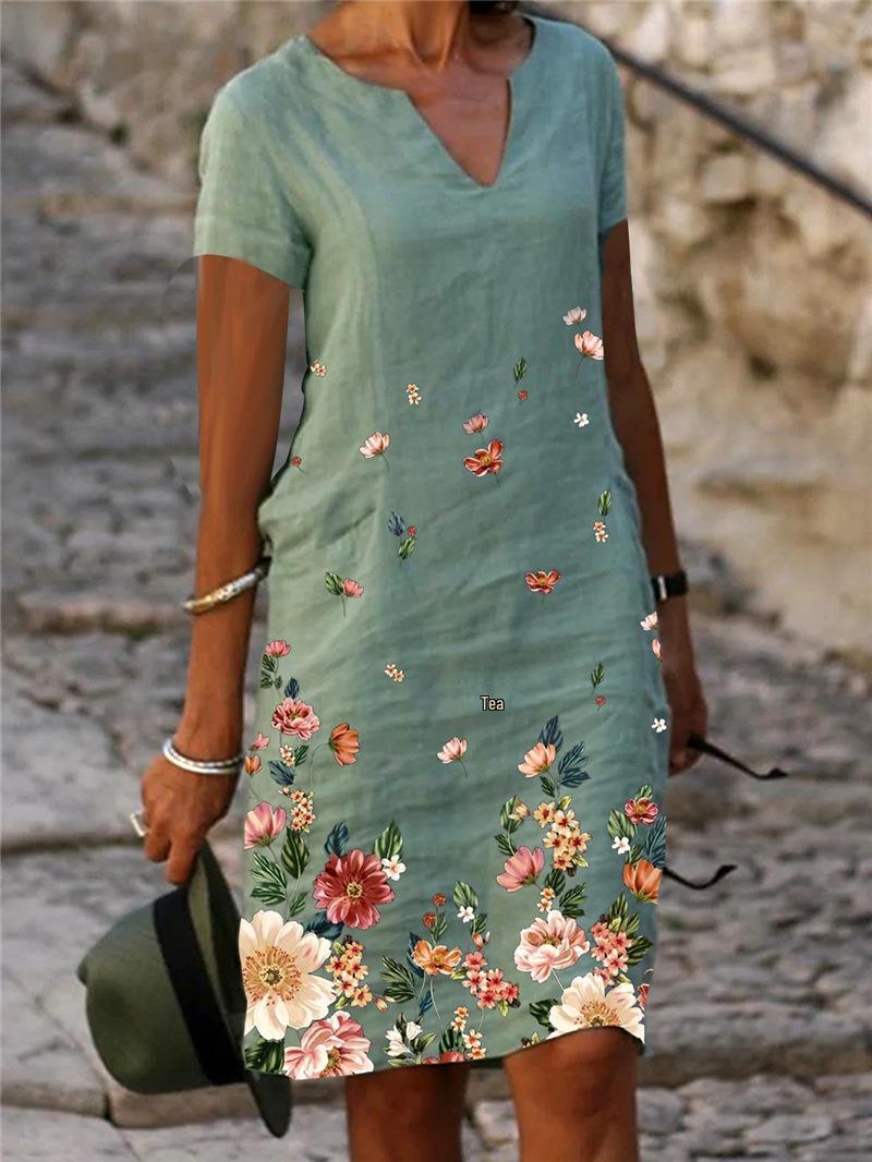 

Available In Sizes S-5XL: 2026 New Floral Cotton Linen V-Neck Midi Dress with Short Sleeves S зелёный