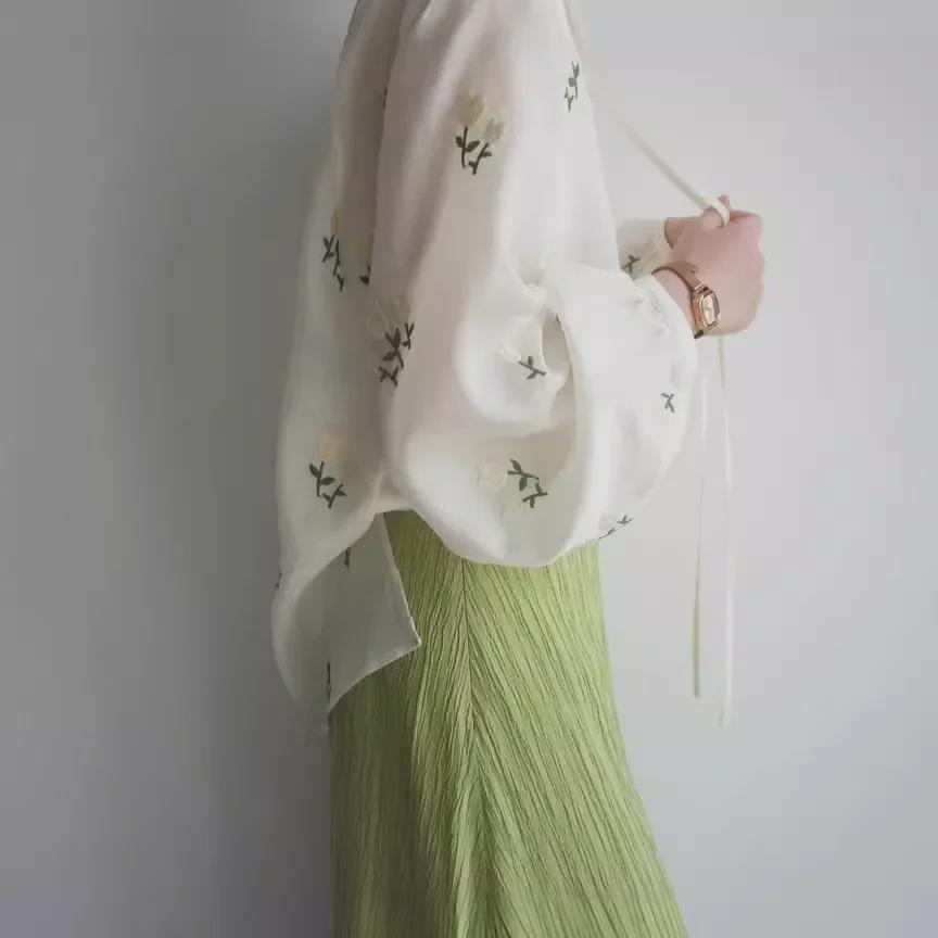 JOJOZ Vintage Tencel Shirt with Apricot Floral Embroidery & Green Leaf Tie-Up Lantern Sleeves - Perfect for Spring/Summer.