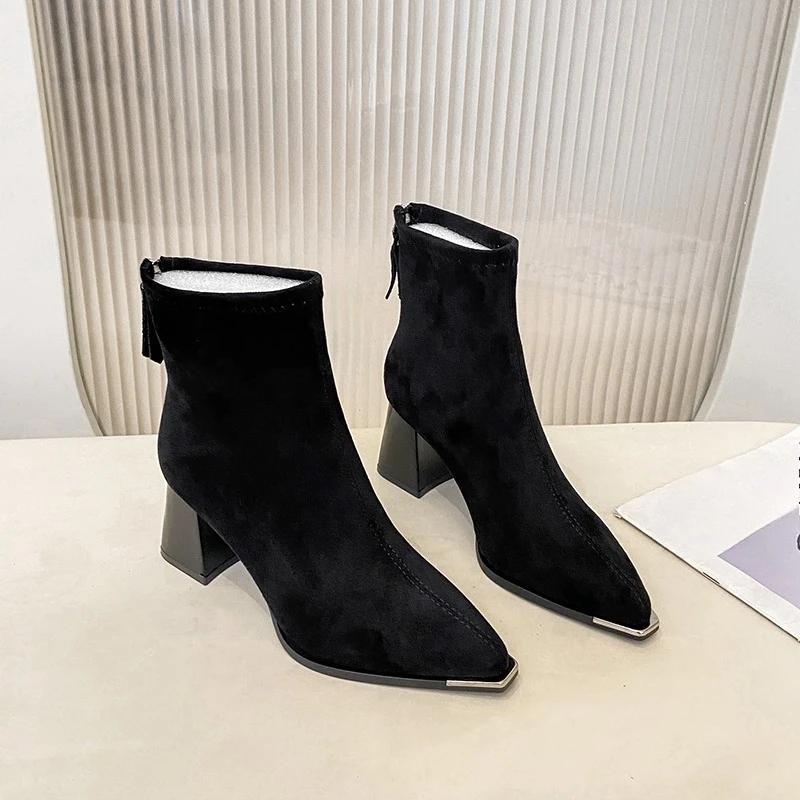 Fashion Pointed Toe Suede Single Boots 2025 New Temperament Block Heel Fashion Boots Booties Women