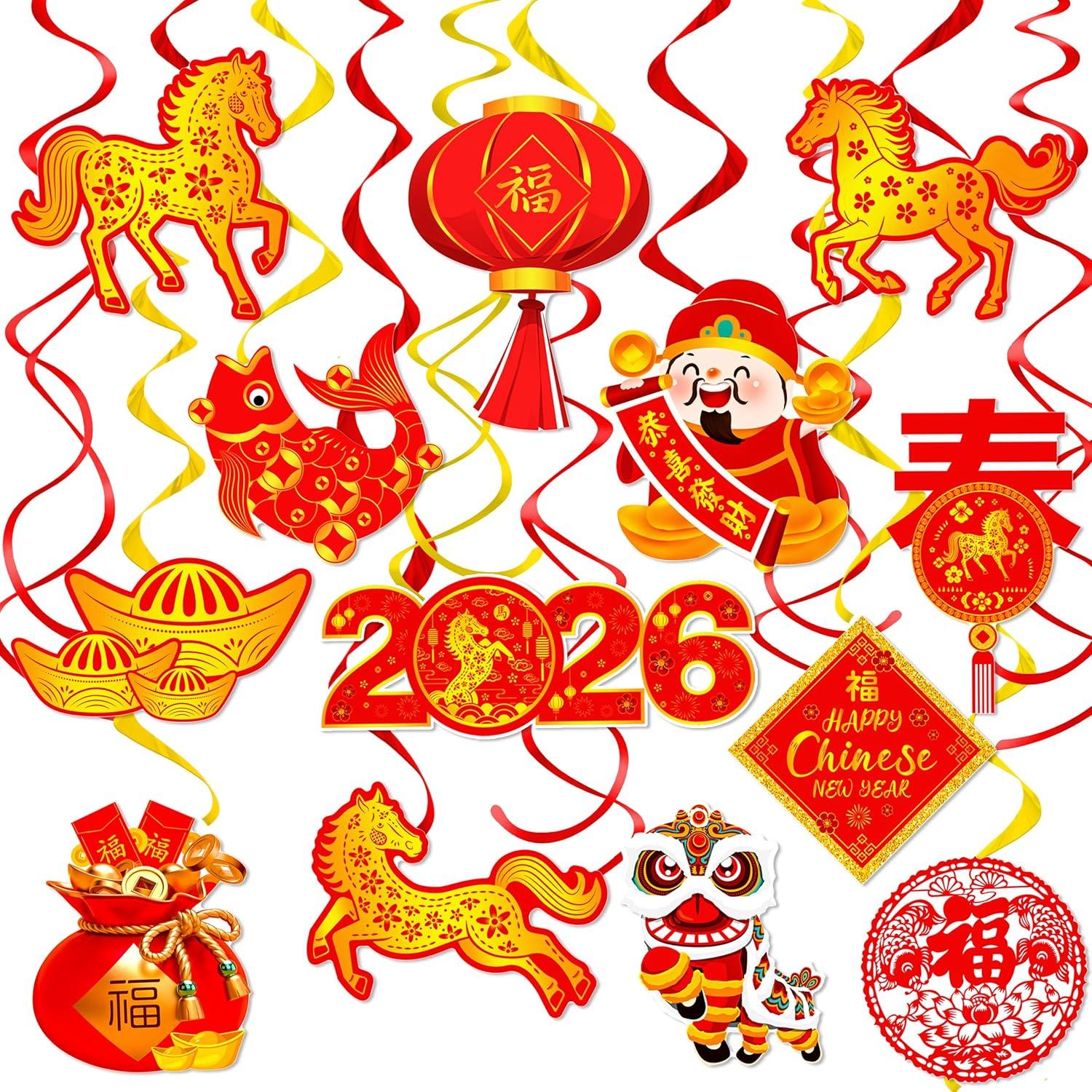 Happy Chinese New Year Hanging Swirls 2026 Chinese New Year Party Decoration Year of Horse New Year Themed Swirl Ceilings Smile Spring Festival