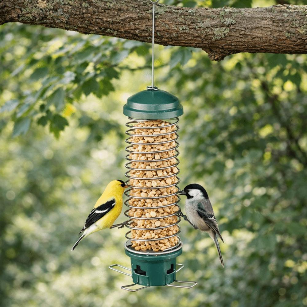 Squirrel Proof Spiral Coil Bird Feeder Metal Bite Resistant Hanging Hummingbird Feeder Heavy Duty Bird Feeder Tray