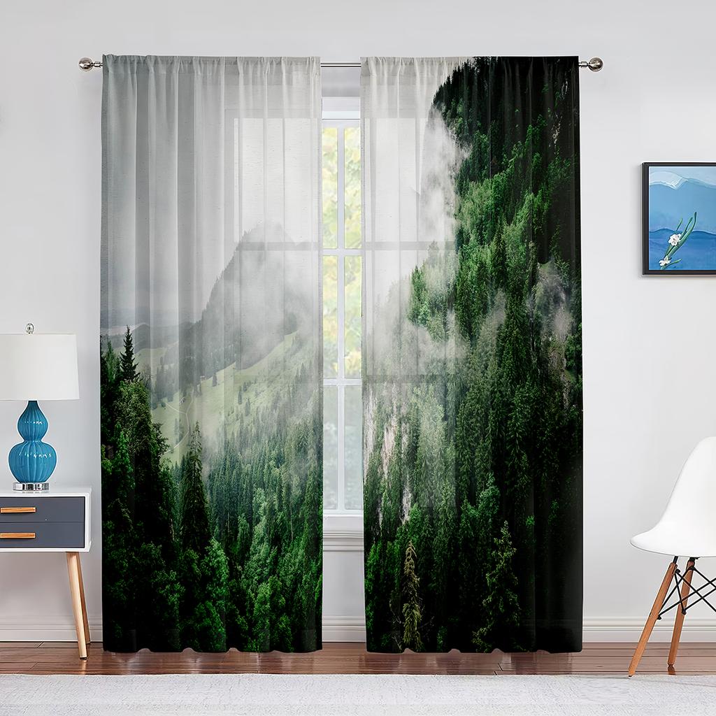 Misty Forest Sheer Voile Curtain Foggy Scenic Green Nature Landscape Window Tulle Curtains for Bedroom Living Room Kitchen Decor