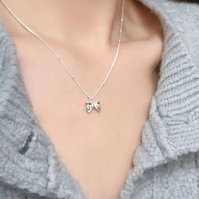 3D Sweet Bow Necklace for Women Summer Light Luxury Niche Design Ins Style Simple Exquisite Wholesale Collarbone Chain