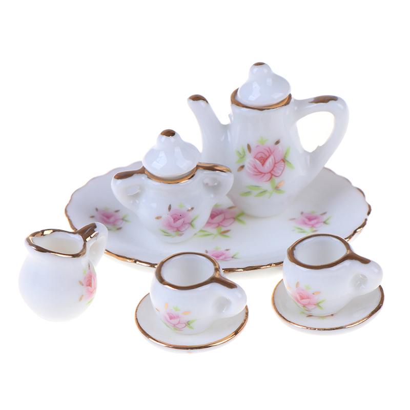 8Pcs 1/12 Dollhouse Miniature Dining Ware Porcelain Tea Set Dish Cups