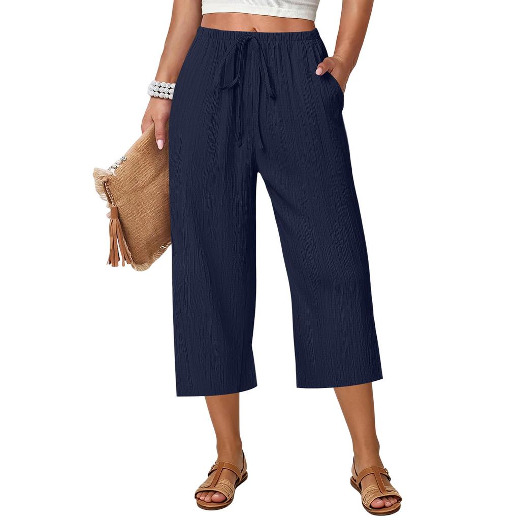 Women Drawstring Waist Wide Leg Pants Loose Fit Cropped Trousers Lightweight Elastic Waistband Casual Style