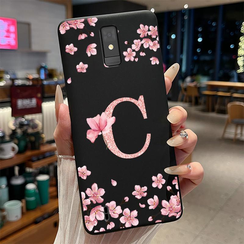 

Black Case For ZTE Blade A32 Fundas Beautiful Flower Printing Initial Letters Phone Casing Soft Silicone Protective Back Cover ZTE Blade A32