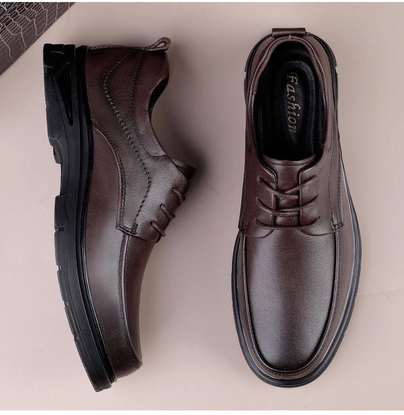 Men's Spring & Autumn Casual Leather Shoes - Trendy, Versatile, Top Layer Cowhide, Round Toe, Lace-up Design.