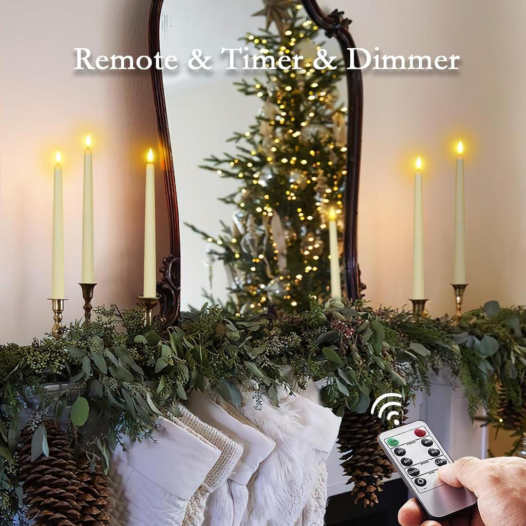Homemory 12 Pcs Flameless Taper Candles with Remote Timer Dimmer, 11 inches Ivory Taper Candles Battery Operated, Plastic LED Candlesticks with