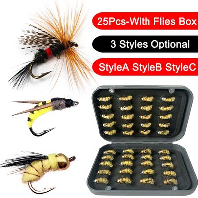 25 Unidades/Caja 3 Estilos Opcionales Insectos Artificiales Realistas Señuelo Anudado a Mano Moscas Secas Señuelo para Trucha
