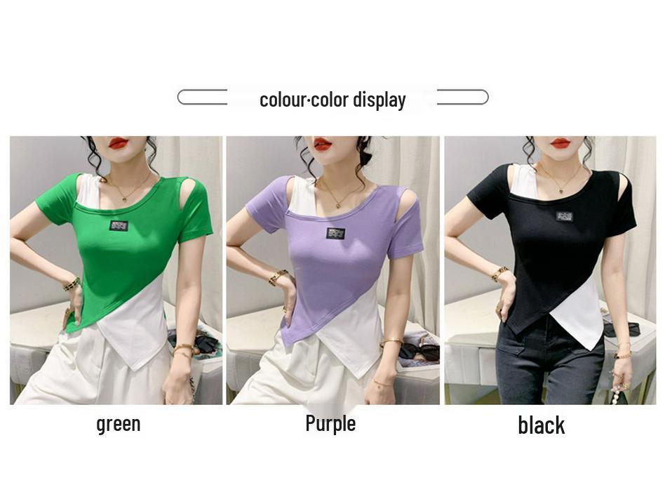 2023 European Style Slim Fit Off-Shoulder Hollow-Out Irregular Hem Color Block T-Shirt