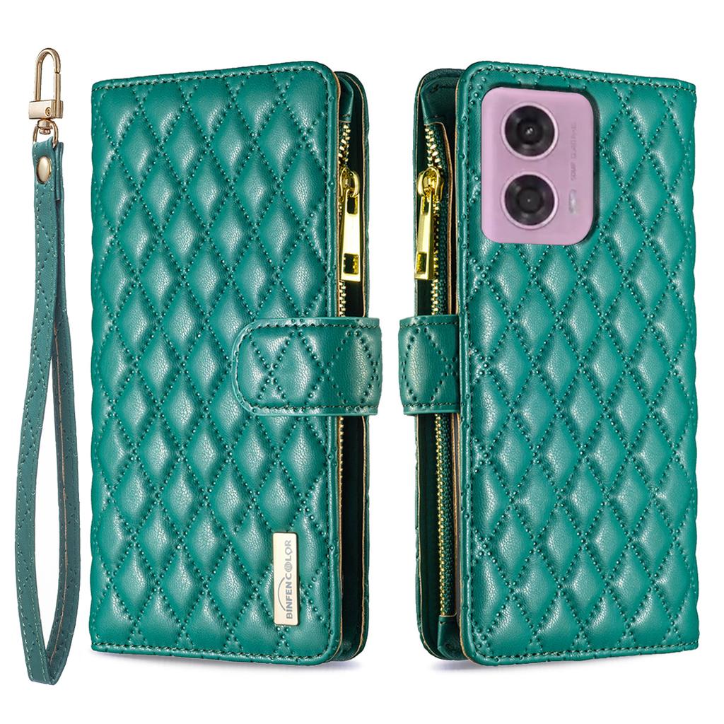BINFEN COLOR BF Style-15 For Motorola Moto G45 5G/G34 5G Wallet Phone Case Grid Imprinted Cover Zipper Pocket
