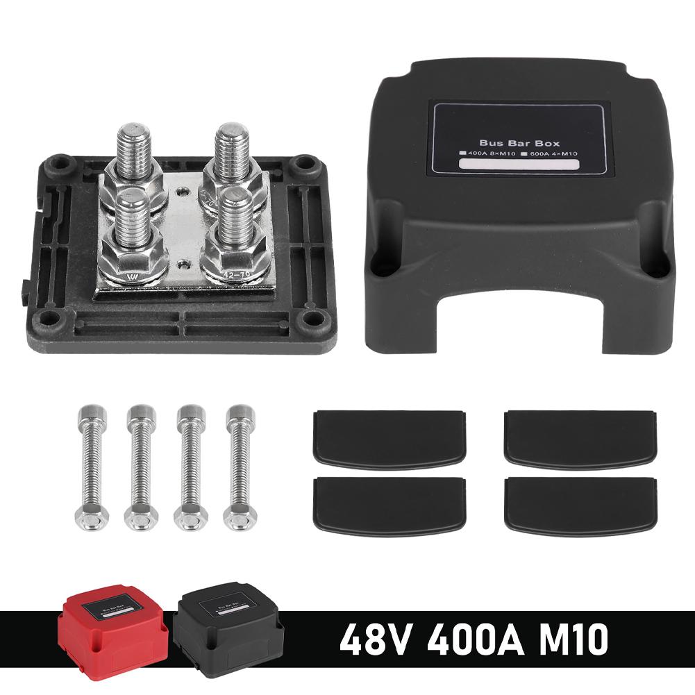 M10 Stud Busbar 400A 48VDC Car Ferry Battery Negative Terminal 4 X 3/8 "(M10) RV Modification Universal Red Black with Cover
