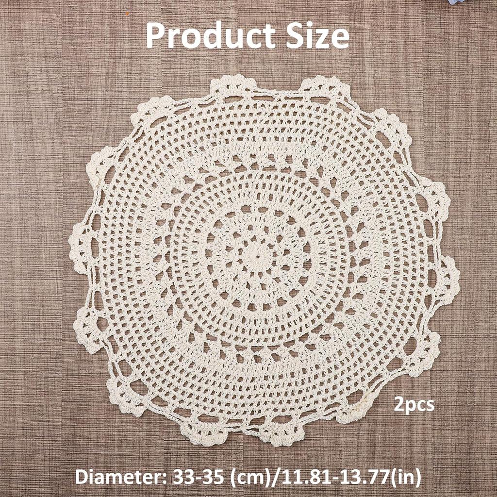 2 PCS Doily Round Crochet Beige Dollies for Tables Lace 13 Inch Round Cotton Crochet Doilies Handmade Lace Placemats Knitted Tablecloth for Home