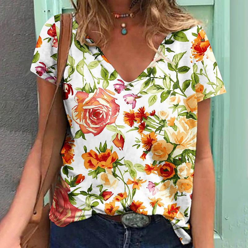 Women'S Plus Size V-Neck T-Shirt, Cartoon Cat Print, Medium Stretch,Regular Length - European and American Fashion New Arrivals