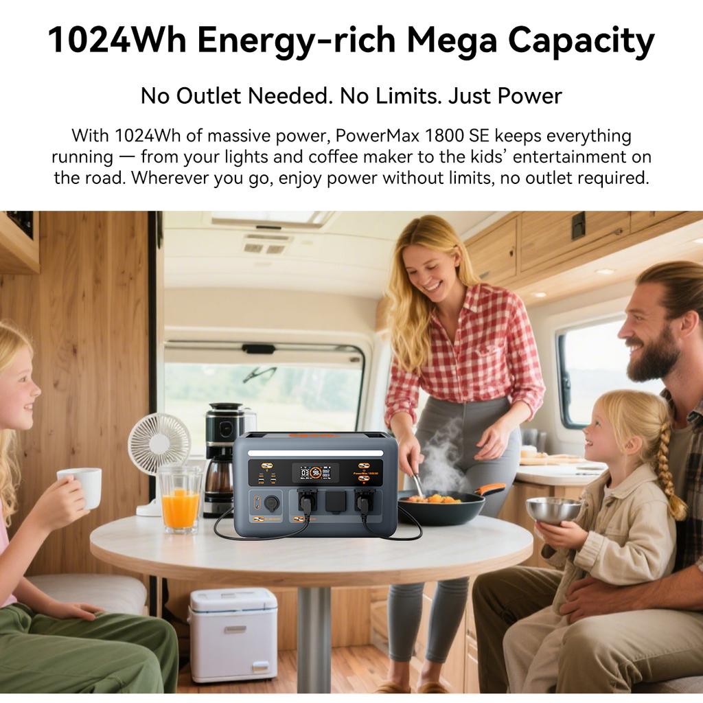 Stazione di alimentazione portatile OSCAL PowerMax 1800SE 1024Wh LiFePO4, Potenza di picco 3600W, Generatore solare, Ricarica rapida USB-C da 100W per campeggio, camper, casa