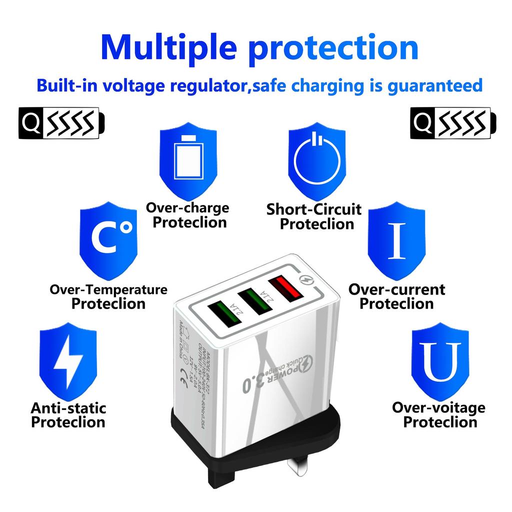 QC3.0 Multi-Port Travel Charger: 3 USB, Fast Charge 5V/9V/12V, 2.4A, US/EU Specs