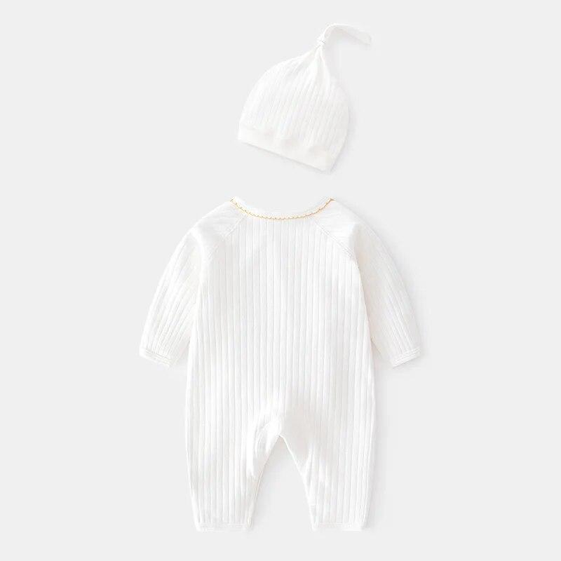 0-6M Frühling Baby Mädchen Jungen Strampler Hut Baumwolle Weiß Kleidung Für Mädchen Mode Säuglings Overall Neugeborenen Babys 0 bis 3 M