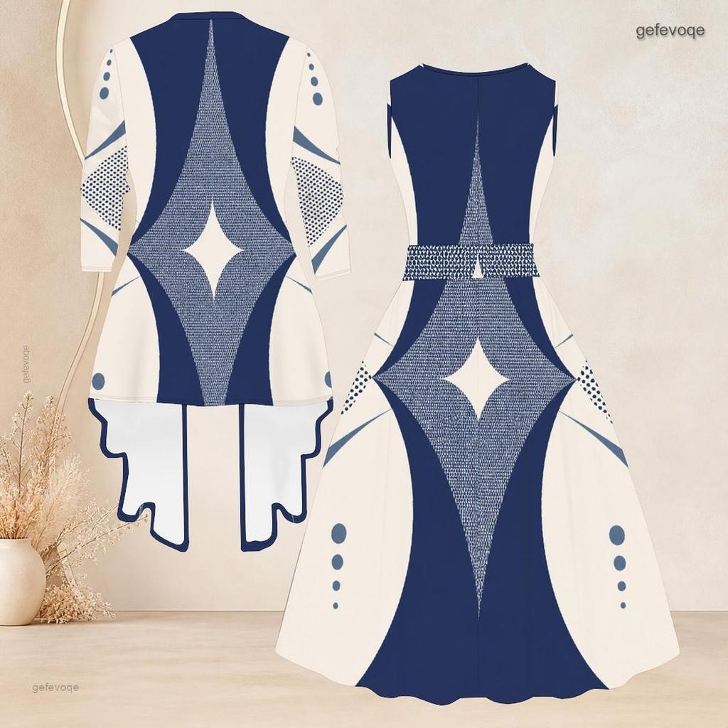 Women Plus Size Off White Printed Two Piece Set Sleeveless Round Neck Tie Waist Flare Dress And Long Sleeve Open Cardigan