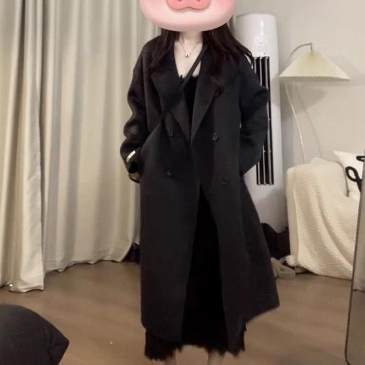 Women's Mid-Length Hepburn-Style Wool Felt Coat - Autumn/Winter Plus Velvet Thickened Petite Fit